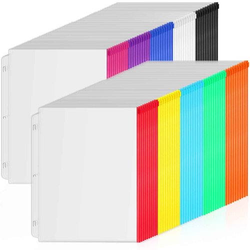 Handepo 100 Pcs Binder Pockets for 3 Ring Zippered Binder Pouches Bulk 11. 4 x 8. 66 Inch Plastic Pencil Pouches Multicolor Waterproof File Bag for Document Filing Sewing Jewelry Stationery Storage