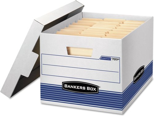 Bankers Box Storage Boxes - Medium-Duty Letter/Legal Size with Locking Lid - White/Blue, 4-Pack