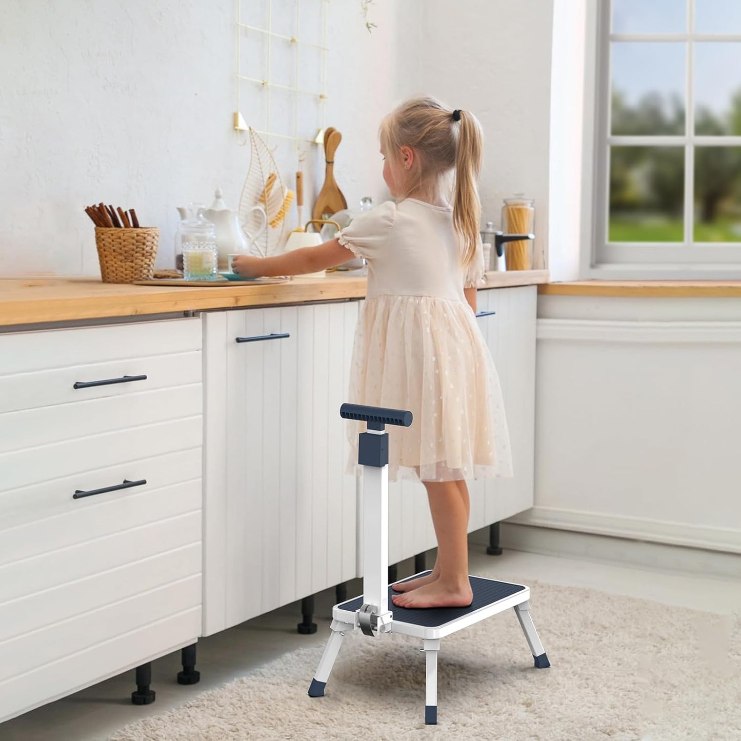 Skiennix Folding Step Stool - Metal Stepping Stool with Adjustable Handrail | 330 Lbs Capacity for Kitchen, Bathroom, Bedroom