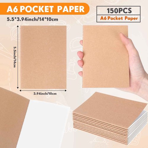 Handepo 150 Pack A6 Kraft Paper Notebooks Blank Page Mini Notebooks Bulk Sewn Travel Journal Kraft Pocket Memo Pad Unlined Subject Notepads for Travelers Students Classroom School Supplies(Brown)