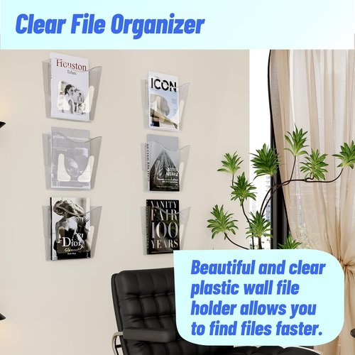 Senhoglb 6 Pack Hanging Wall File Folder Holder, Plastic A4 Wall Mounted Document Holder, Wall Pocket File Holder For Magazine and Envelopes, Vertical Clear Mail Organizer