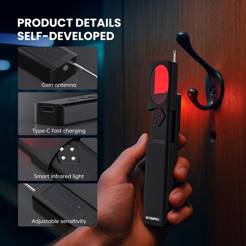 Hidden Camera Detectors, High Accuracy Camera Detector with Strong Anti-interference Ability,Spy Camera Finder, GPS Tracker Detector, Bug Detector, 25H Work, for Travel, Smoke Detector, Black,1 Pack