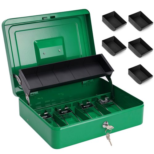 Sgorlds Large Locking Cash Box with Key Lock and Money Tray, Money Box with Cash Tray, Lock Safe Box for Office Business, 11.8" x 9.5" x 3.5" Green