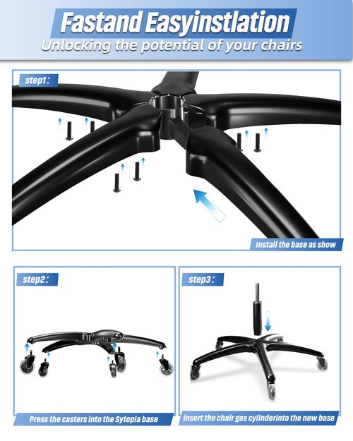 Sytopia 28" Heavy-Duty Office Chair Base Replacement with Wheels (Set of 5), Metal Base with Casters, Total Height: 7.5" (18.9 cm), Compatible with 2" Gas Cylinder
