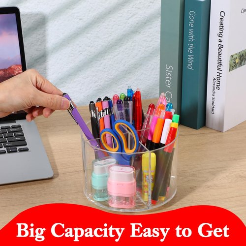 2 Pcs Small Pencil Organizer for Desk Acrylic 4 Compartments, Tiny Rotating Art Supply Organizer Kids, Round Marker Organing Clear Desktop Organing Caddy Swivel Office Pen Pencil Holder