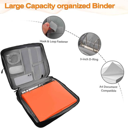 MOSISO Zippered Binder Bag with Handle, 3 inch D-Ring Binder Organizer, 700 Sheets Capacity Multiple Pockets Bag for Office with Cup Holder & Shoulder Strap for 13 inch Laptop/Tablet, Black