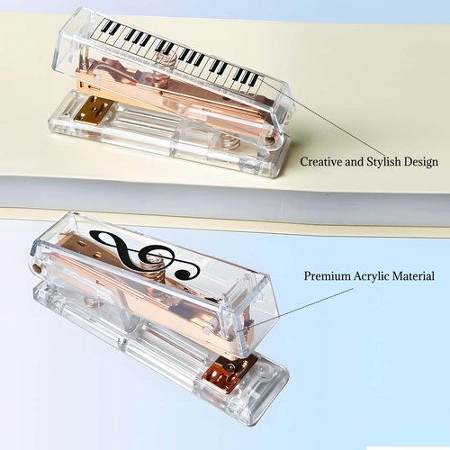 Cute Rose Gold Desk Stapler – Acrylic Transparent Design with Musical Note & Piano Keyboard Pattern, for Home, Office, and Music Lovers Gift (Piano Keyboard)