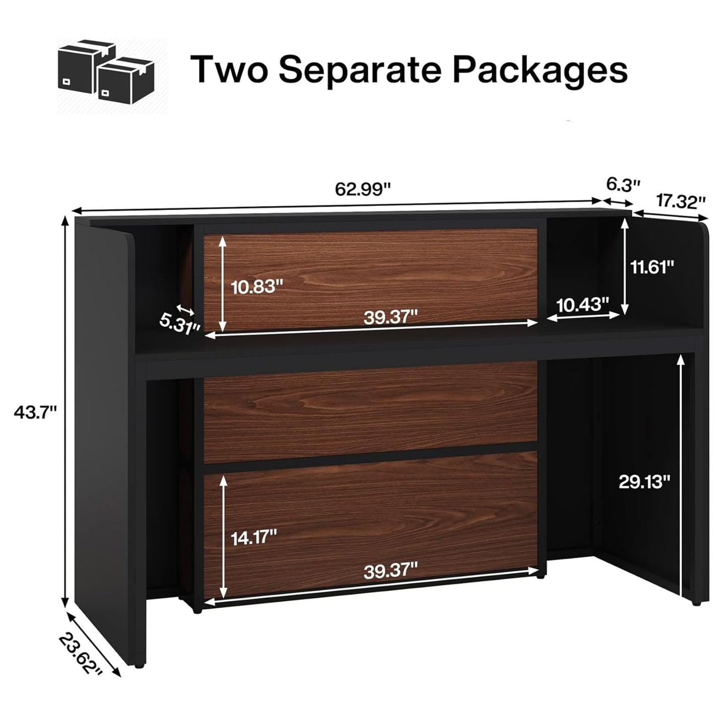 Tribesigns Modern Reception Desk with LED Lights, 63 Inches Front Counter Table for Reception Room (Black&Brown)