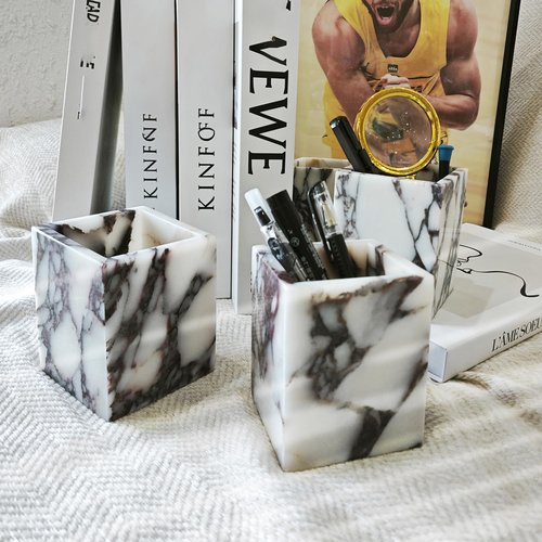 Artisanal Abode Marble Pen Holder, White Stone Rectangular Desktop Organizer, Office Study Makeup Brush Storage, Home Desk Decor, Minimalist Design, Durable Marble Accessory