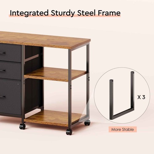 Maihail 3 Drawer File Cabinet with Wheels Rolling Printer Stand with Open Storage Shelf Fabric Lateral Filing Cabinet for Home Office,Rustic Brown
