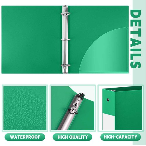 Henoyso 36 Pcs 3 Ring Binder 1.5 Inch Plastic Flexible Round Binder Fits Letter Size 8.5 x 11 Inch Paper Holds 300 Sheets with 1 Pockets for Office School (Green)