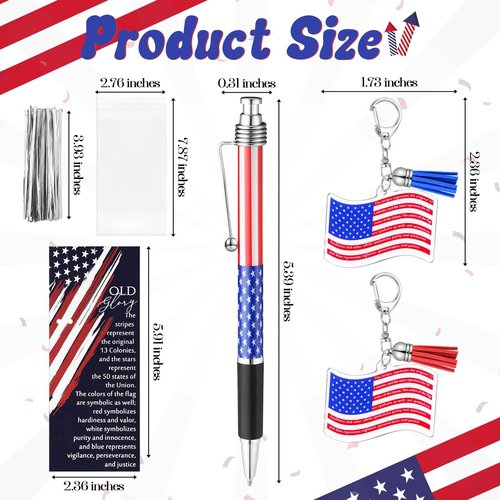 Sayglossy 50 Sets Veterans Day Gift Veterans Ballpoint Pen American Flag USA Acrylic Keychain with The USA Patriotic Themed Card Souvenirs Gifts for Veteran Patriotic Party Supplies
