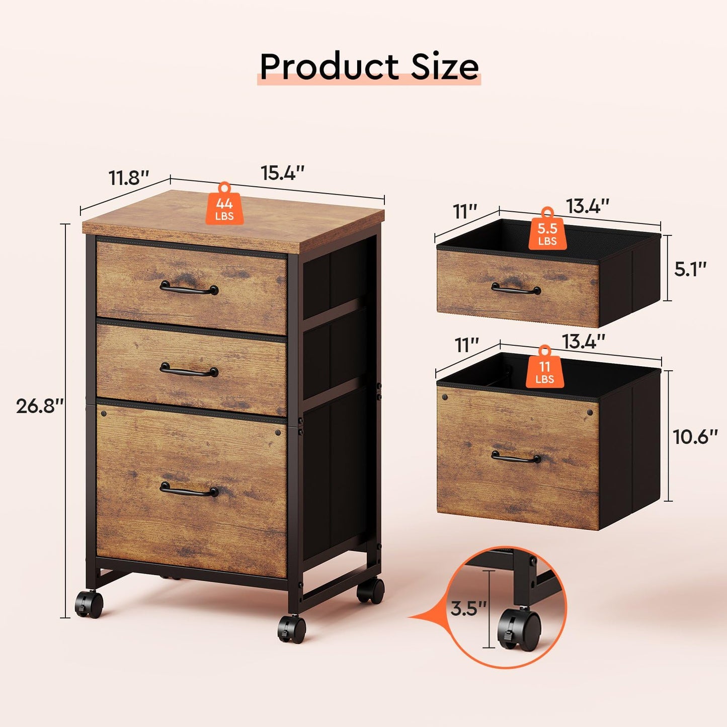 Maihail 3 Drawer Mobile File Cabinet with Wheels Fabric Vertical Filing Cabinet fits A4 or Letter Size for Home Office,Rustic Brown2