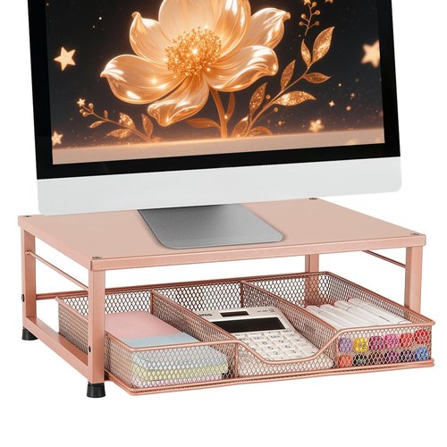 Gugsey Small Monitor Stand Riser, Laptop Riser, Metal Mesh Desk Organizer, Desk Top Storage and Organization with Drawer for Computer, Desktop, Printer, Coffee Set and Office Supplies (Bronze)
