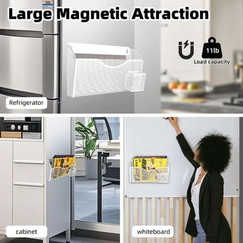 Magnetic File Holder 1 Pockets File Folder Organizer with Pen Holder, Office Hanging Magazine Rack for File Cabinets, Magnetic Paper Holder, No Drilling Mail Organizer for Refrigerator, Office (White)