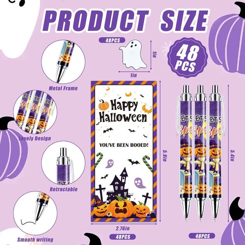 EYNDYN 48 Sets Halloween Gifts Bulk for Adults Pumpkin Ballpoint Pens Ghost Pins with Organza Bags Information Card for Halloween Theme Party Supplies School Office Home Present Party Favor