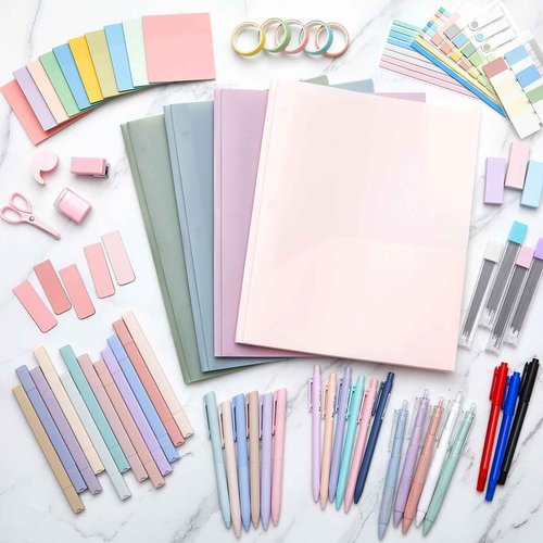 Sinload 72 Pcs Aesthetic School Supplies with Pencil Case 4 Prong Folders 12 Highlighters 20 Mechanical Pencil Pen 500 Sheets Transparent Sticky Note Tabs Stationery for College Office(Pink)