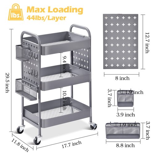 TOOLF 3-Tier Rolling Cart, Metal Utility Storage Cart with DIY Pegboards, Art Craft Trolley with Baskets Hooks, Serving Organizer Easy Assemble for Office, Home, Kitchen, Classroom (Grey)