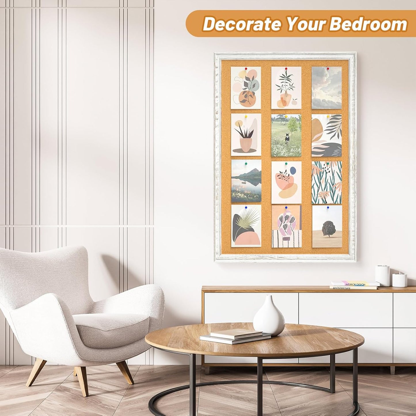 White Cork Board - 36 x 24 Inch Decorative Bulletin Board with Rustic Wooden Frame for Home & Office