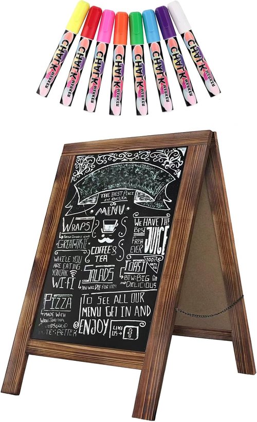 Rustic Whitewash Double-Sided Chalkboard | 7.5" x 8.6" Tabletop Easel with 8 Liquid Chalk Markers for Menu & Home Decor