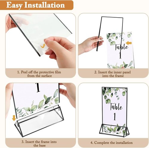 Floroom 6 Pack Clear Acrylic Sign Holders - Double-Sided Black Display Stands for Menus & Table Numbers