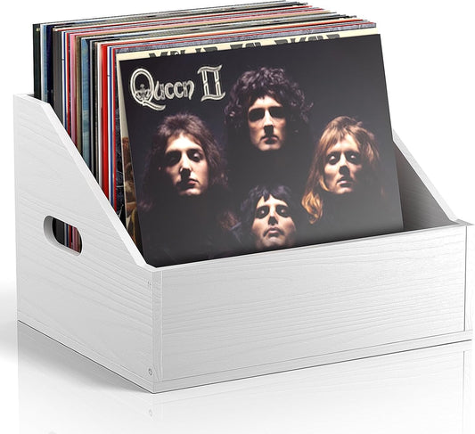 Skiennix Vinyl Record Storage - Retro Durable Crate for 60+ Records | Stylish Album Organizer in White