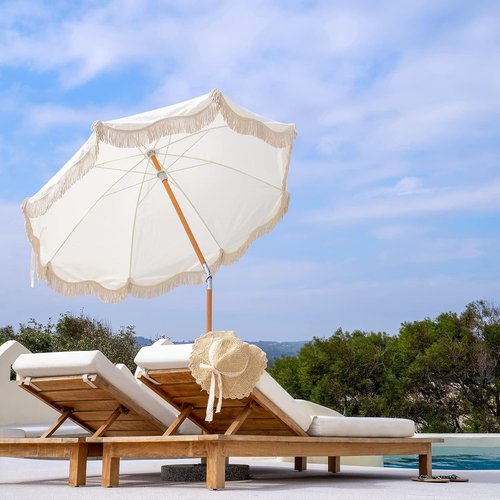 Skiennix 6.5ft Boho Beach Umbrella - UPF 50+ Fringe Design with Carry Bag | Premium Wood Pole for Outdoor Use