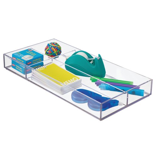 iDesign Clarity Plastic Divided Drawer Organizer, Storage Container for Vanity, Bathroom, Kitchen Drawers, 8" x 16" x 2", Clear,40850