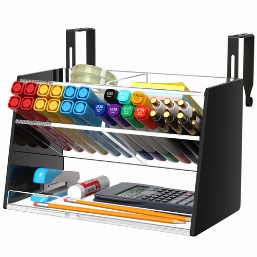 NIUBEE Acrylic Pen Holder Hanging: Wall Pencil Holder for Desk - Desk Organizer For Office - Adjustable Desk Organizers and Accessories with 5 Compartments No Drilling