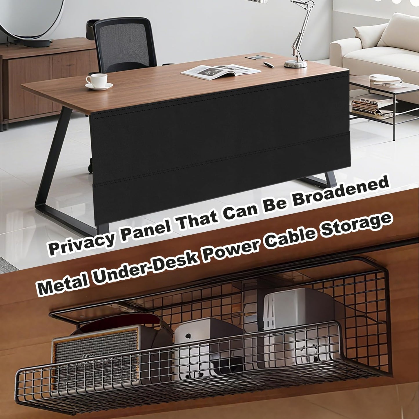 KUMETENESS Under Desk Privacy Panel & Cable Management, Desk Cover Skirt & Modesty Panel, Self-Gripping Straps for Office & Home, 15.75x60 Inch (Widenable to 25.59x60 Inch)