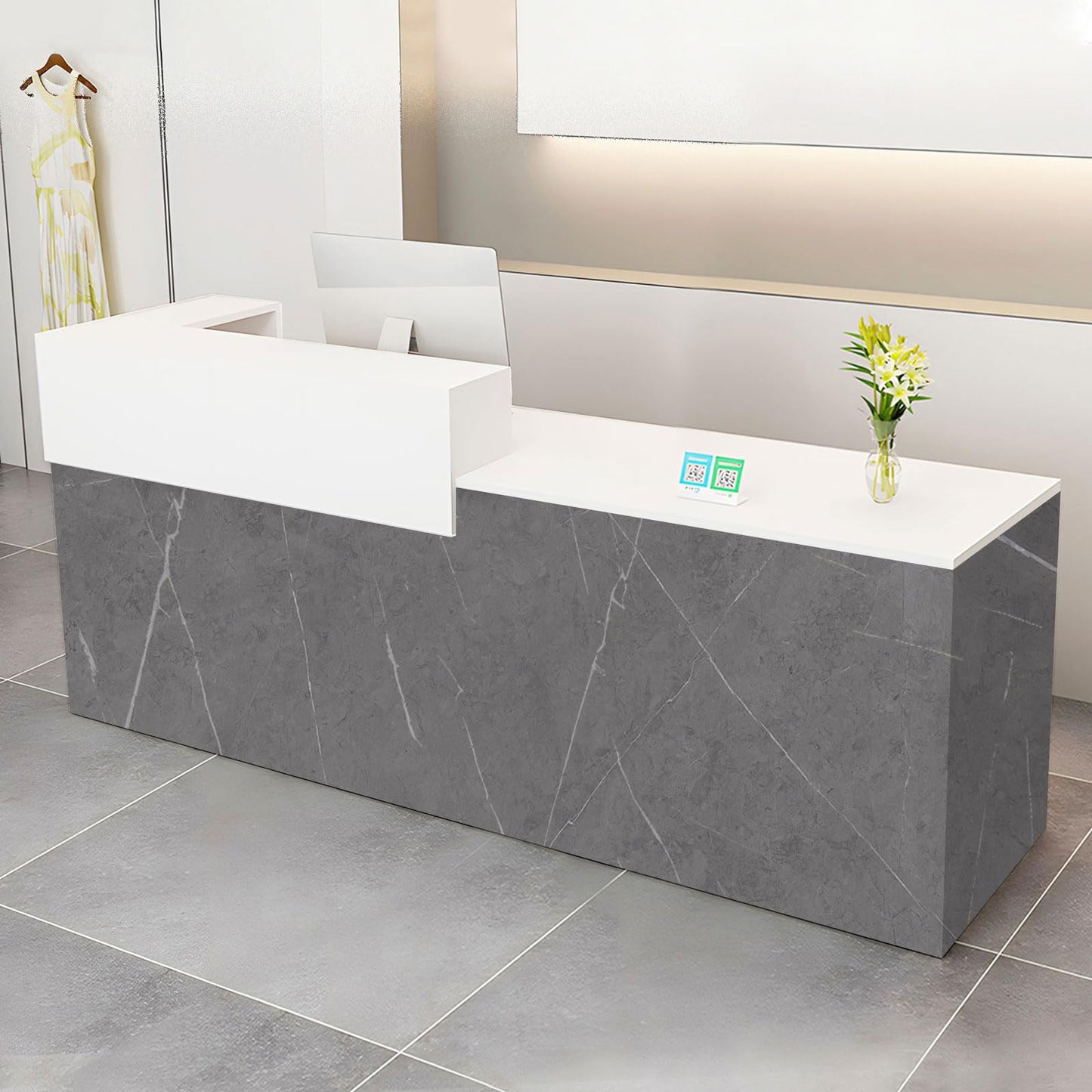 Modern Reception Desk with Drawer & Open Shelves, 39-95 Inch Front Counter Table, Computer Workstation Suitable for Salons, Offices, Lobbies, Retail Stores and Home Offices