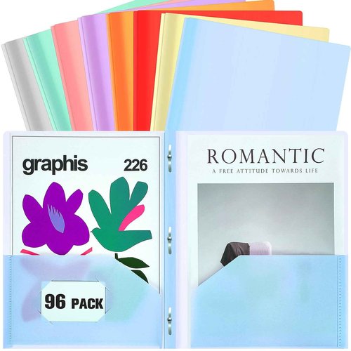 Lyrow 96 Pack Plastic Folders with Pockets and Prongs with Fasteners 8 Colors 3 Prong Bulk Folders for Business Office School Supplies