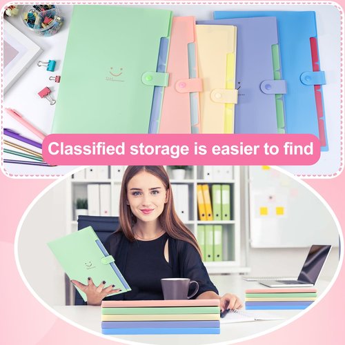 Gabotrie 5PCS Expanding File Folders,Plastic Accordion Folder with 5 Pocket,A4 Size Accordion Document Organizer,Expandable File Folder with 60 Labels for Home Office(Green+Blue+Pink+Purple+Beige)