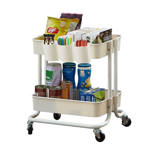2-Tier Utility Rolling Cart Storage Sofa Side Table with Wheels, Mobile Trolley Organizer with for Office Home Kitchen Organization, Cream White