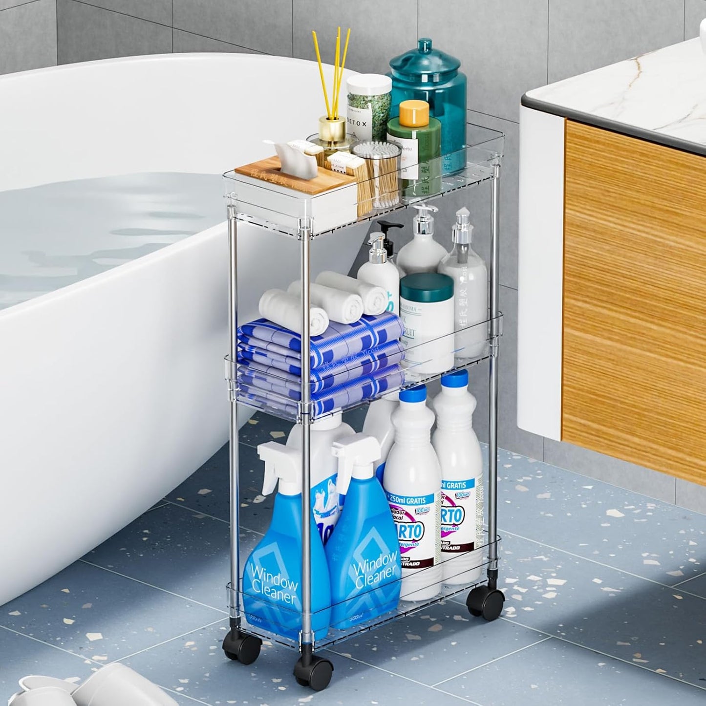 Yieach Clear 3-Tier Slim Rolling Storage Cart - 6.3" Wide Thin Shelves for Small Spaces | Bathroom & Laundry Use