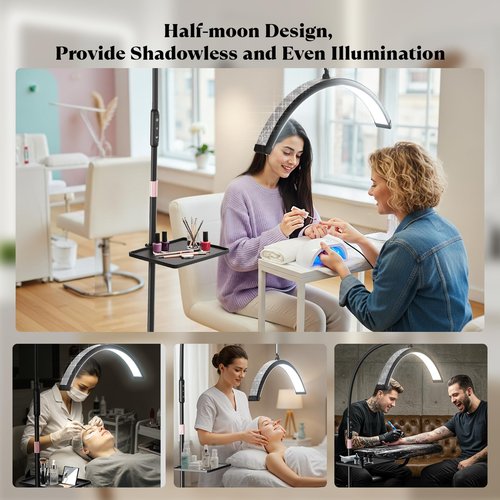 Mznoo Lash Light, 23 Inch Bling Diamond Half Moon Light for Eyelash Extensions, Nail Art, Tattoo Art and Skincare, Adjustable Color Modes and Flexible Gooseneck, with Tool Tray (Black)