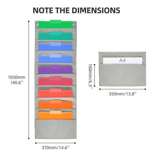 Hanging Wall File Organizer, Hanging File Folder Holder, Storage Center Pocket Chart for Paper Document, Pocket Chart for Office and Classroom, with door hanger and Adhesive hooks, 9 Pockets