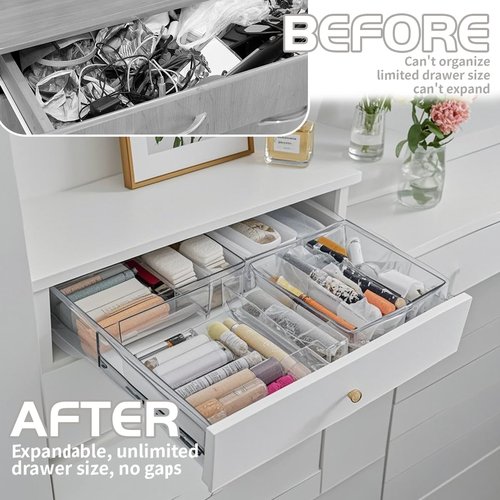 Pansente 25 PCS Adjustable Desk Drawer Organizer, Acrylic Clear Drawer Organizers, 3 Size Desk Drawer Organizer for Cosmetics, Jewellery, Office, Gadgets, Kitchenware