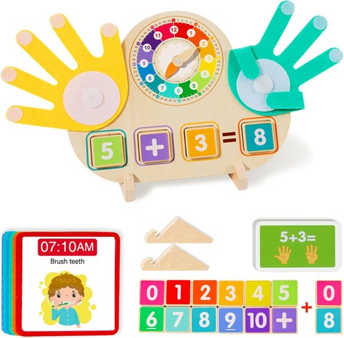 Skiennix 2-in-1 Math Manipulatives - Number Counting Blocks & Teaching Clock for Preschool Kids | Montessori Learning Toys for Ages 3-5