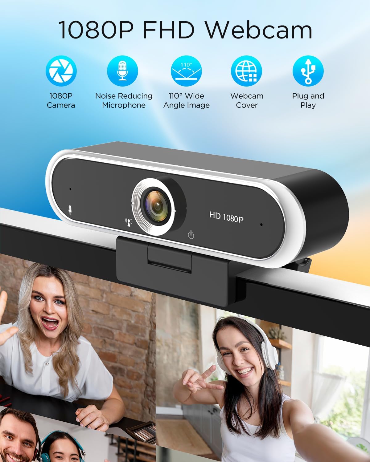 Webcam 1080P - USB Computer Camera with Microphone & Privacy Cover | Auto Light Correction for Video Calls
