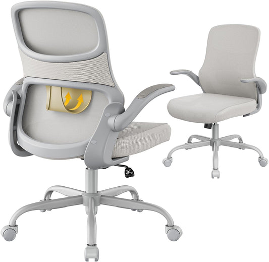 Skiennix Ergonomic Office Chair - Mesh Design with Adjustable Height, Flip-Up Armrests & Lumbar Support | Gray