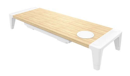 Bostitch Office Wooden Monitor Stand with Wireless Charging Pad, Drawer for Storage, Adjustable Height Riser Includes Removable Non-Skid Rubber Feet - Wood Grain and White (STND-248WH)