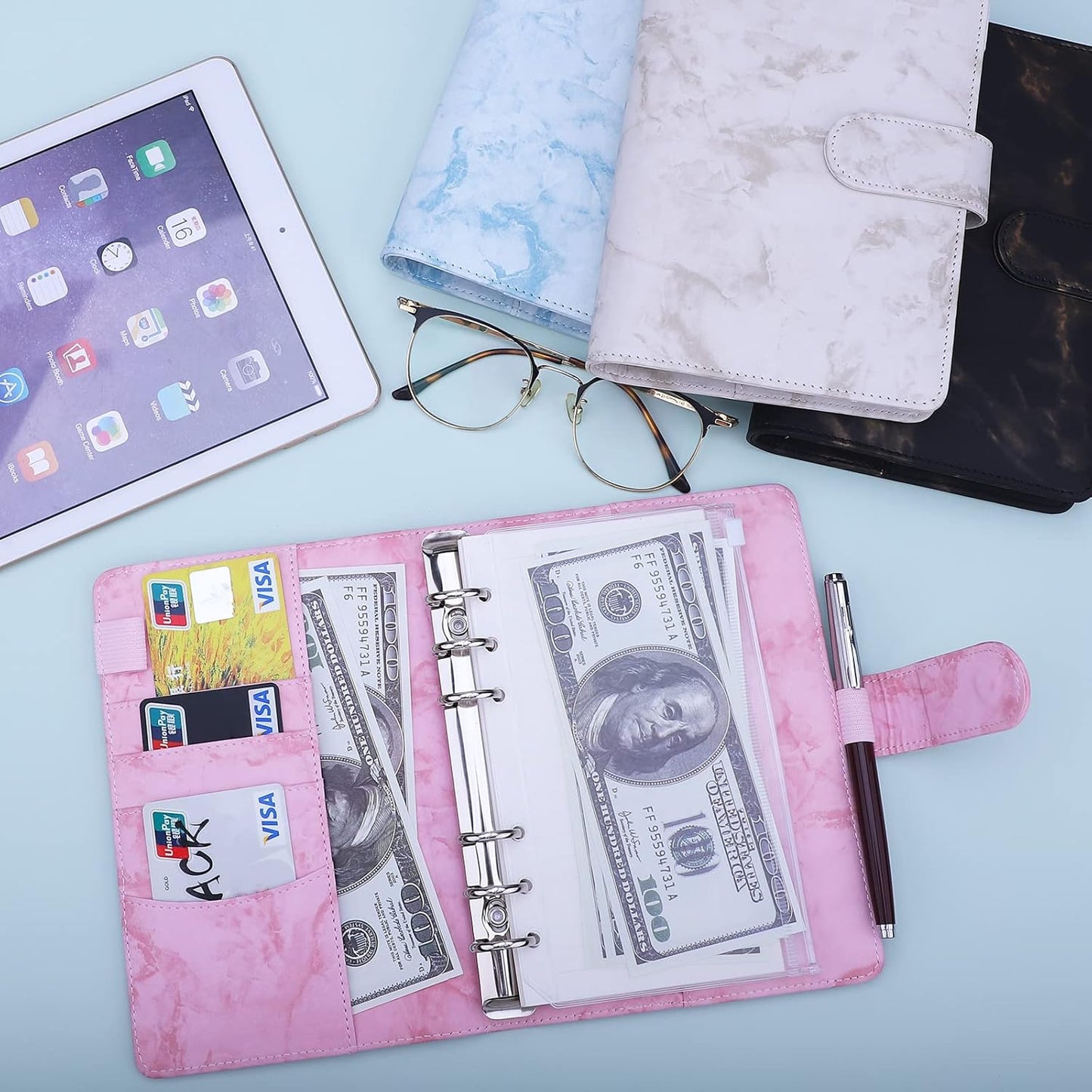 Antner A6 Budget Binder - Refillable PU Leather Notebook Planner Cover | Marble Pink, 6 Ring Design