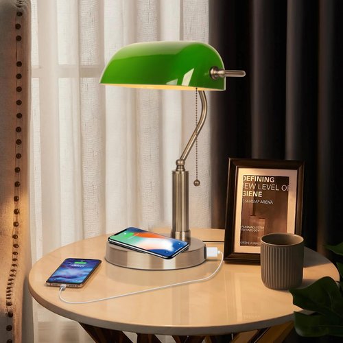 FIRVRE Glass Bankers Desk Lamp with Wireless Charger, 2 USB Charging Port, Vintage Desk Lamp with Pull Chain Switch, Retro Table Lamps for Home Office, Piano, Library (LED Bulb Included)