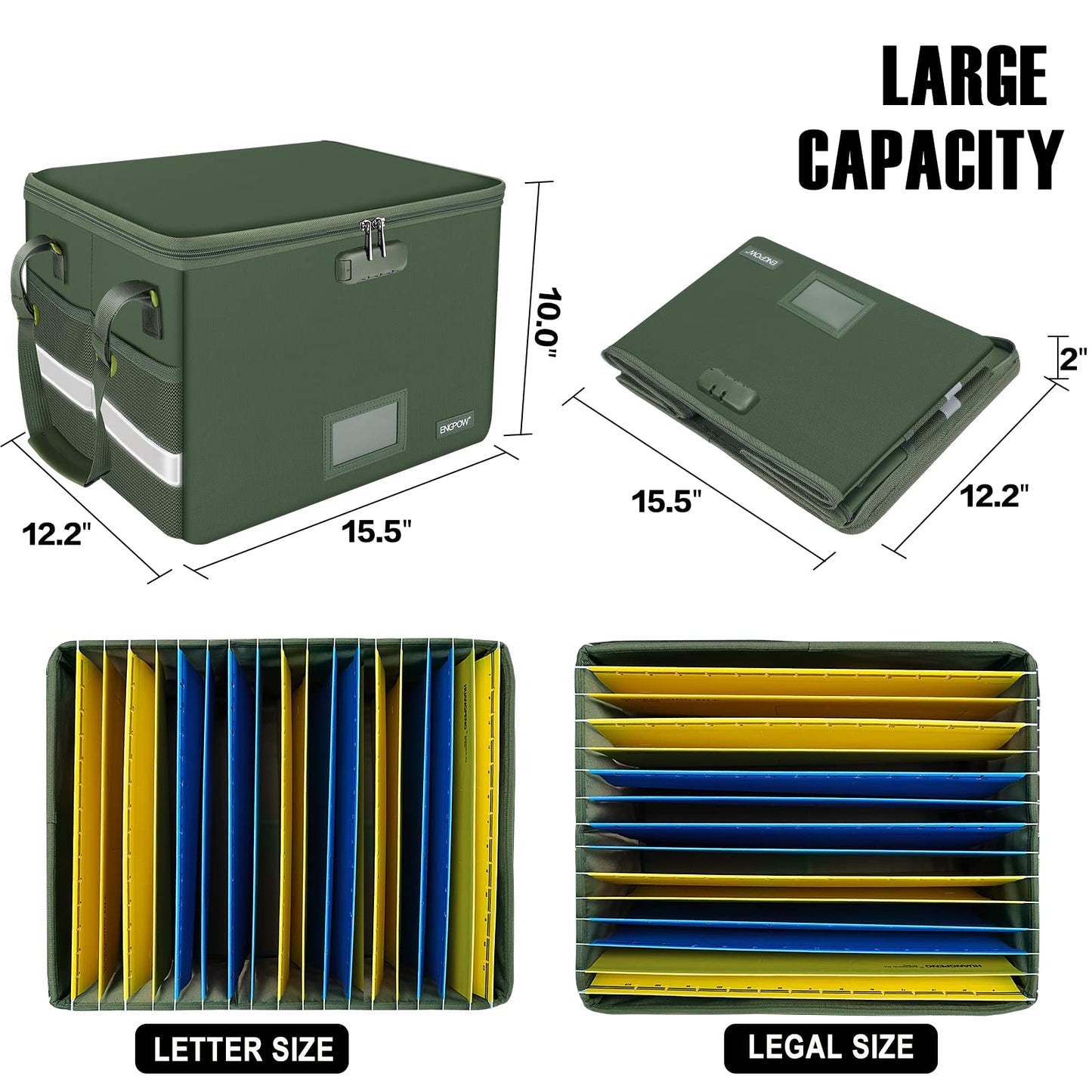 ENGPOW File Box with Lock, Fireproof Document Box with Pockets, Collapsible File Organizer Filing Storage Cabinet with Handle, Portable Home Office Safe for Hanging Letter/Legal Folders,Green,2 Pack