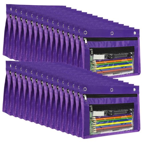 YoeeJob 36 Pack 1 Inch Expandable Zipper Pencil Pouches with Clear Window for 3 Ring Binder, Suitable for School & Office(Purple)