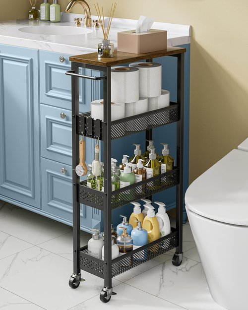 Giwil Slim Rolling Storage Cart - 4-Tier Bathroom Organizer with Wood Top & Handle | Black