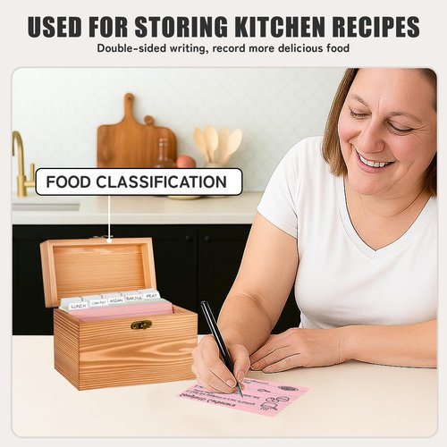MOBYKE Index Card Holder 4x6, wooden Origanizer Recipe Box with 100 PCS Flash cards, 30 White Dividers, 1 Blank Sticker and 1 Letter Sticker, Flashcard Notecard Holders for Home Office