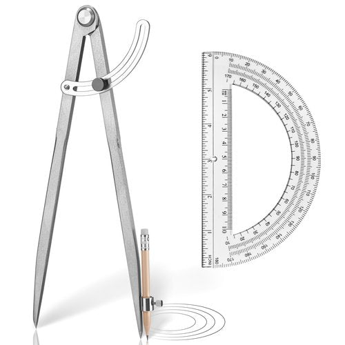 Zonon Professional 12 Inch Large Compass with Wing for Woodworking and 6 Inch Protractor Set, Pencil Compass for Geometry Math Carpenter, Drafting, Drawing Tool