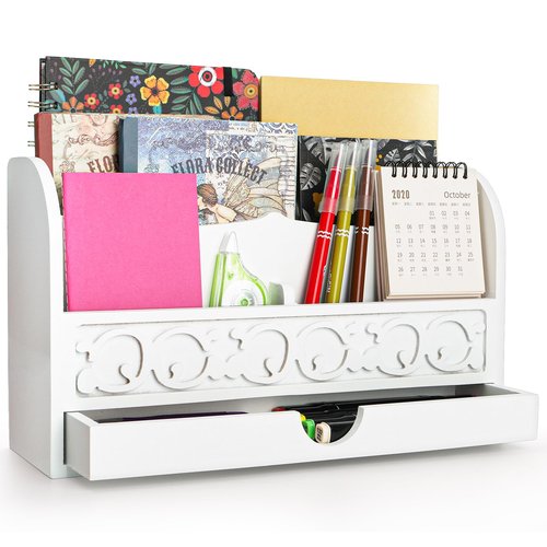 Goaste White Desktop Organizer with Drawer, Wooden Mail Storage Box, 4 Compartment Mail Sorter Organizer, Rustic File Bill Holder, Farmhouse Letter Paper Storage Basket for Home Office Supplies